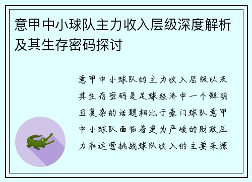 意甲中小球队主力收入层级深度解析及其生存密码探讨