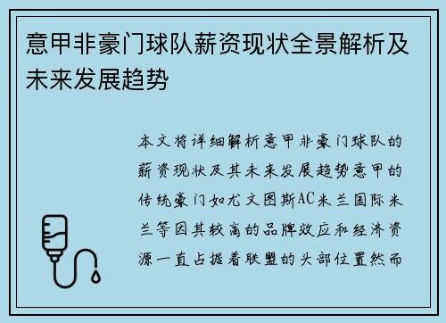 意甲非豪门球队薪资现状全景解析及未来发展趋势